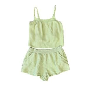 JoySpun Green Gauze Smocked Top and Shorts Pajama Set US Womens XL